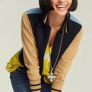 CAbi Turn Back Cardigan Open Front Sweater Navy Tan Size Small 3703